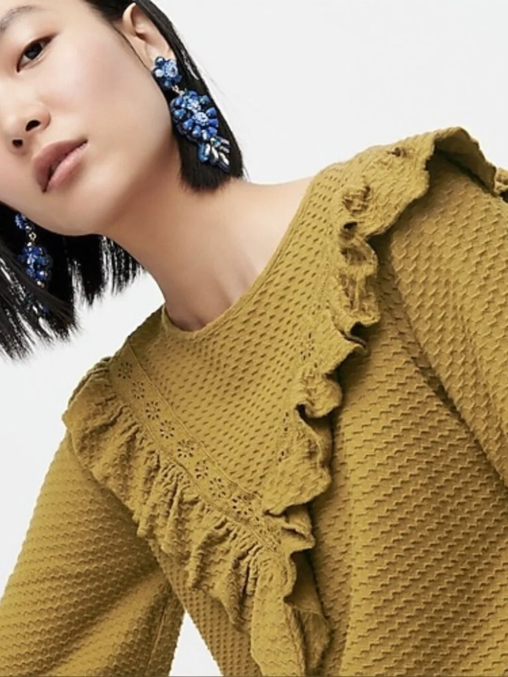 J. Crew Ruffle-Trim Honeycomb-Knit Cotton Top Cypress Olive XS #A3085